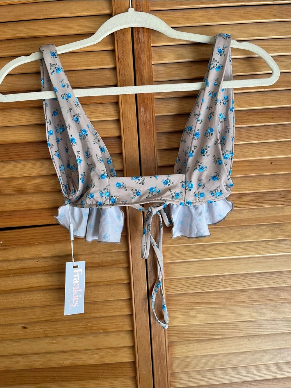 Frankie's Bikinis Ali Top Spring Bloom Beige & Blue Floral Ruffle . M